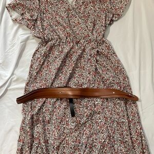 Floral Print Dress with Brown Belt
